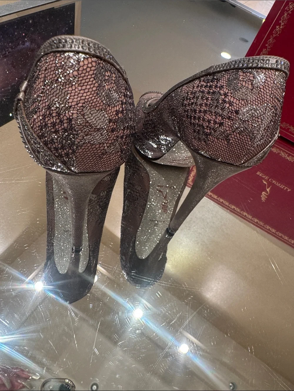 Rene Caovilla Silver Lace Crystal Peep Toe Pump